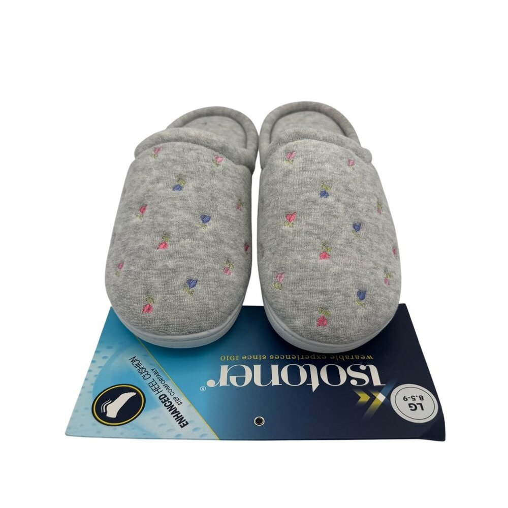 Isotoner Womens Memory Foam Slippers Size LG 8.5-9 Gray With Floral Details
